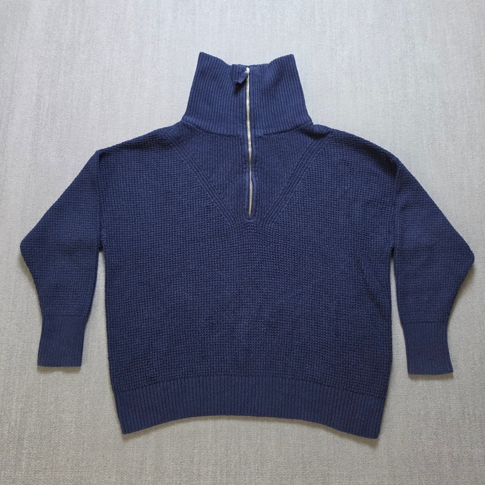 Aerie Sweater Women XS Blue Quarter Zip Waffle Knit Oversized Pullover
